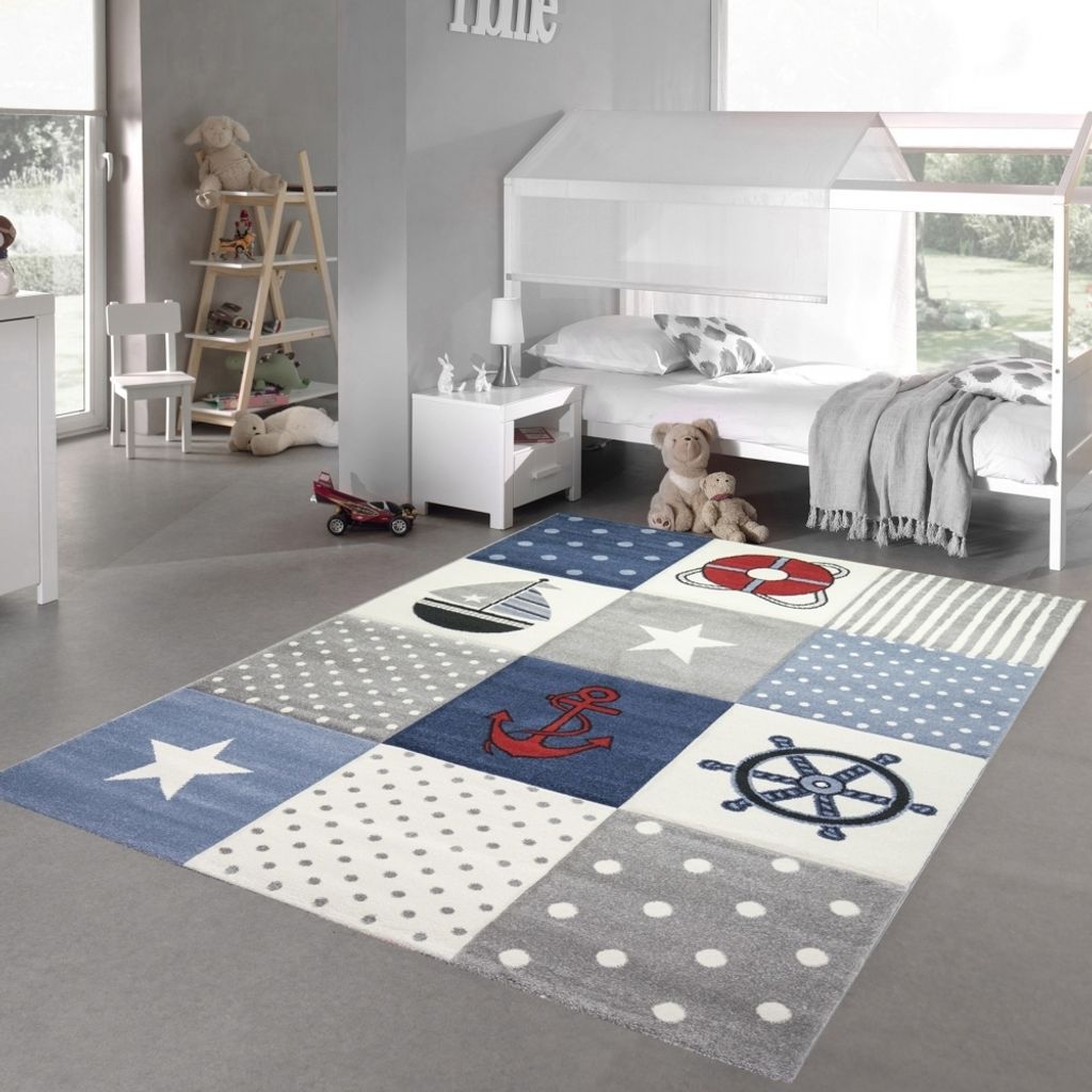 Kinderteppich Spielteppich Junge Teppich Maritim kariert in blau creme grau Größe - 200 x 290 cm