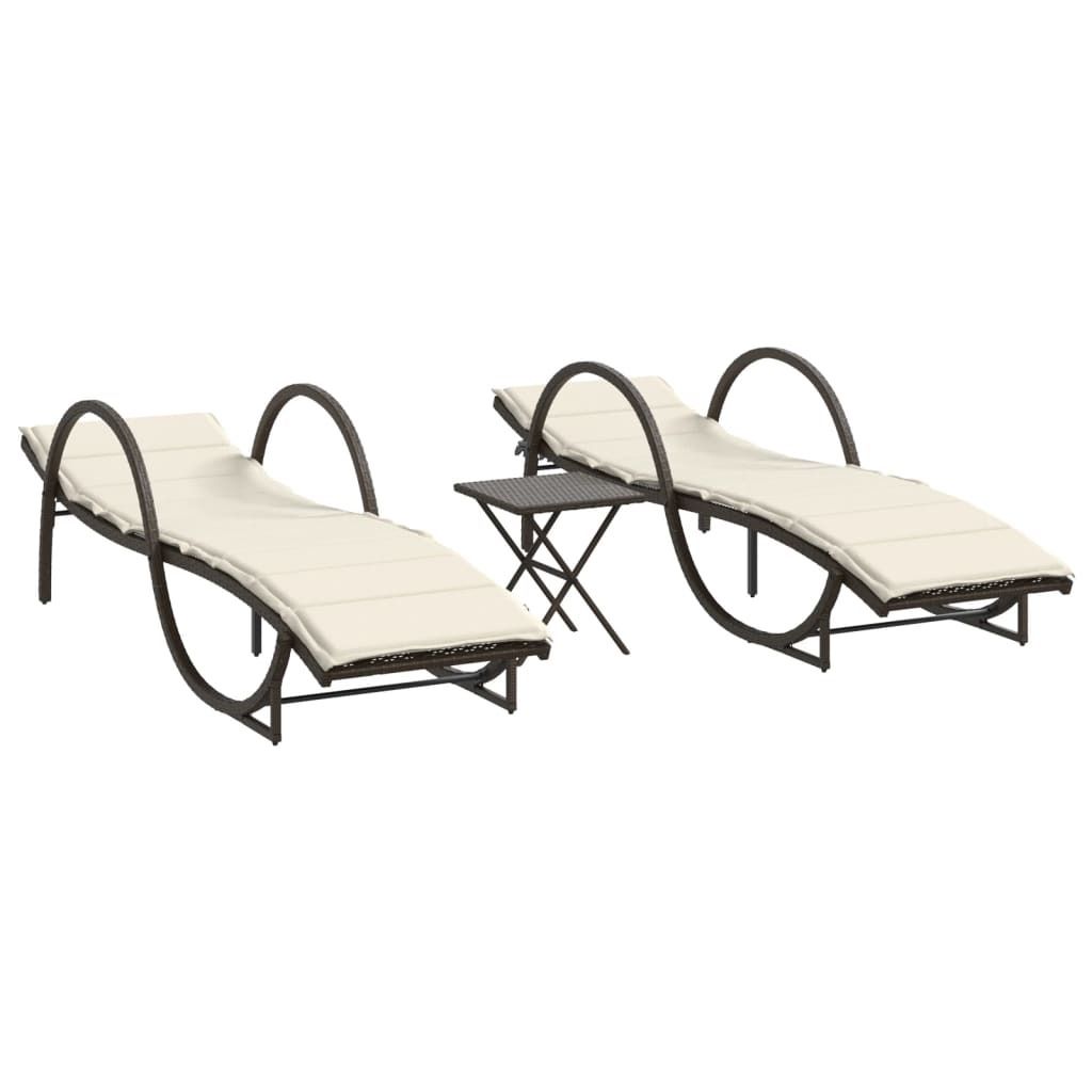 vidaXL Sonnenliegen 2 Stk. mit Tisch Braun Poly Rattan