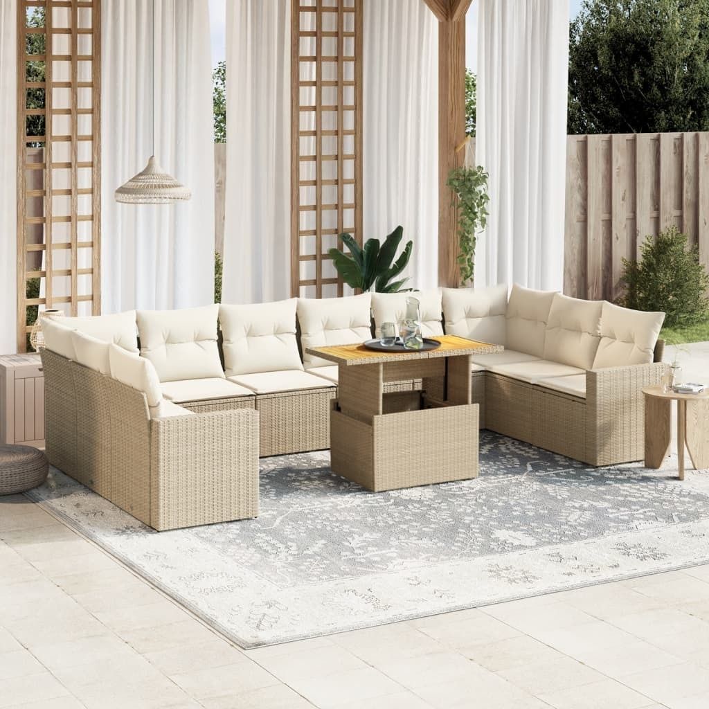 "2026 Promotion" 11-tlg. Garten-Sofagarnitur/Terrassenmöbel - mit Kissen - Beige Poly Rattan - Gartenmöbelset CC13370