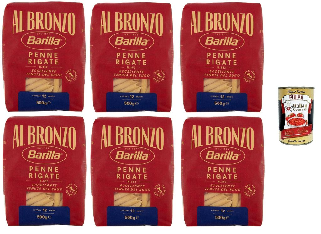 Barilla Al Bronzo Penne Rigate 6x500g – 3 kg Vorratspack, extraraue Bronze-Textur für perfekten Saucenhalt, al dente in 12 Min., 100% Hartweizen...