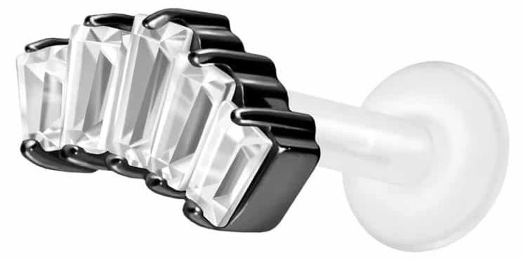 Ohrpiercing, Nasenpiercing PTFE Labret mit Innengewinde + Titan-Aufsatz 5 EINGEFASSTE KRISTALLRECHTECKE Schwarz Stablänge: 7mm | Stabstärke: 1,6mm