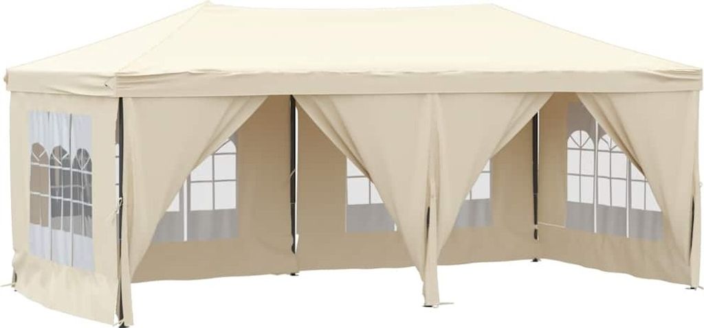 A cream-colored party tent with side walls and windows, set against a white background.