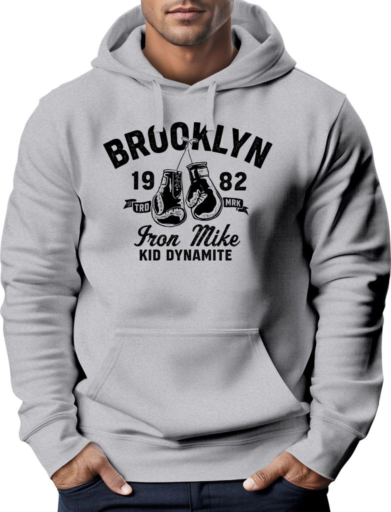 Hoodie Herren Boxen Iron Mike Brooklyn Retro Design Print Kapuzen-Pullover Männer Fashion Streetstyle Neverless grau S