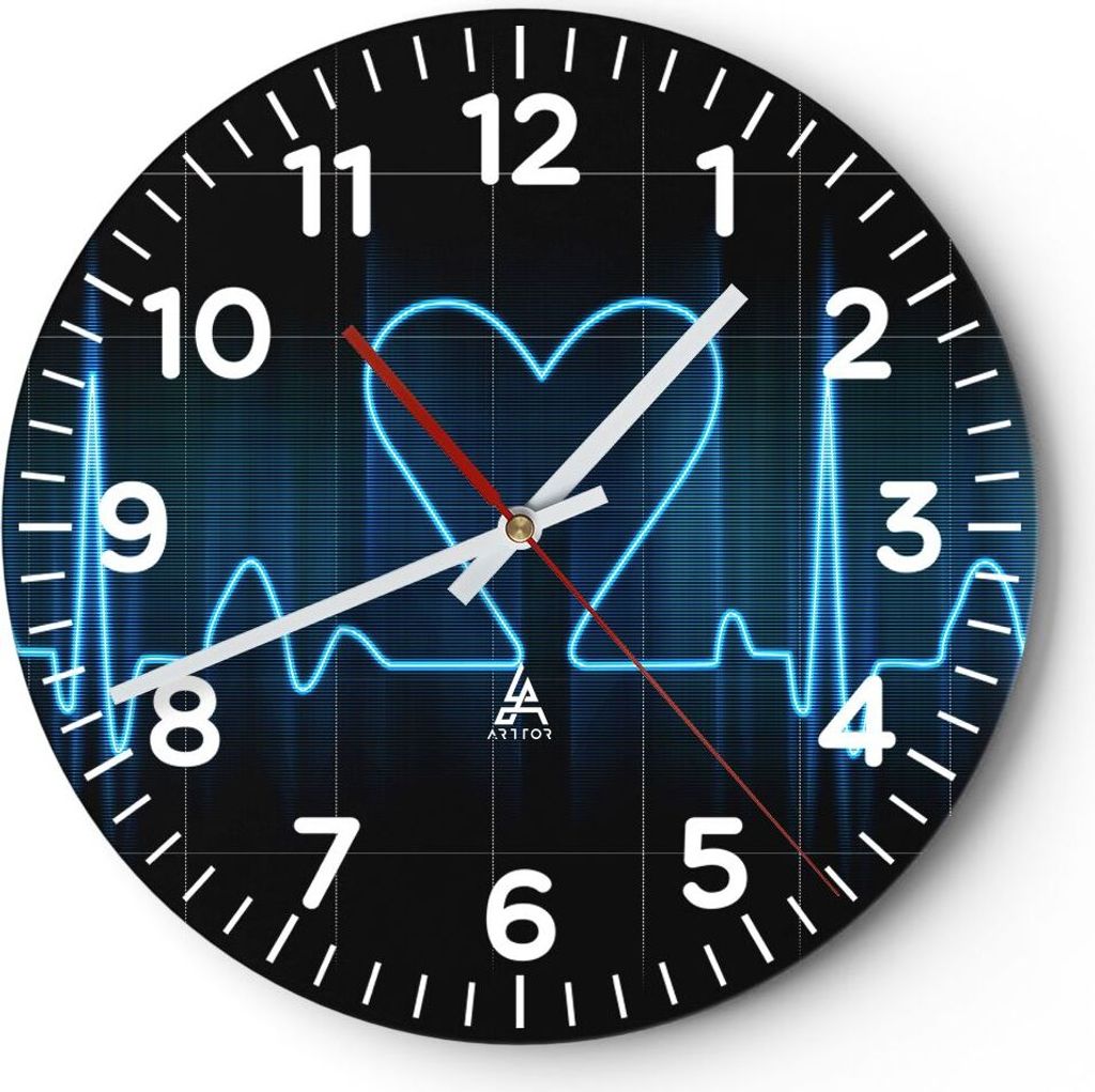 Wanduhr - Rund - Glasuhr - Grafik herz kardiologie - 30x30cm - Schleichendes Uhrwerk - Lautlos - zum Aufhängen bereit - Dekoration Modern - Wandde...