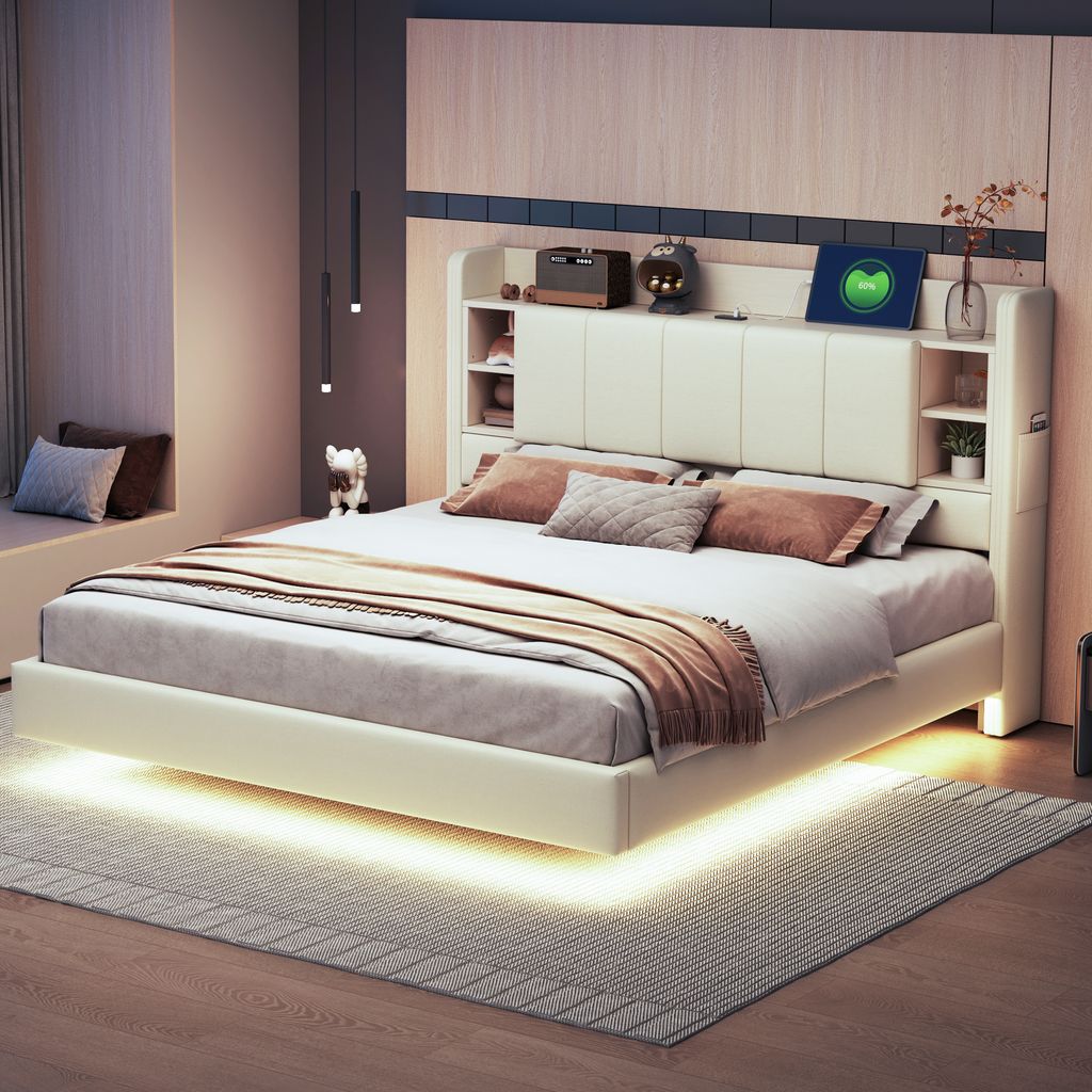 Abrihome Klassisches Bett-160x200 cm Doppelbett Polsterbett mit Lattenrost und Lichtleiste, Einlegeböden mit USB, Beige
