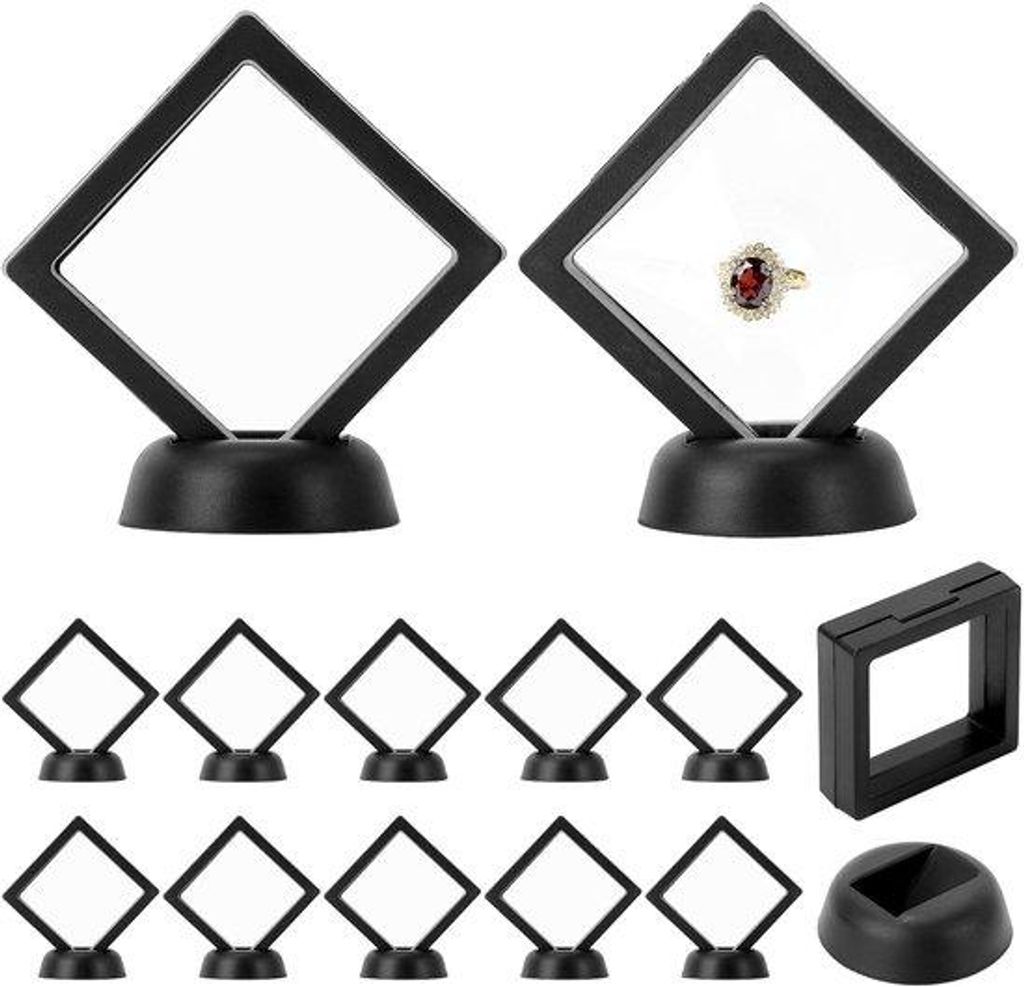 Zwevend Schmuckdisplay mit 12 Einheiten, 7 x 7 cm, 3D-Displaybox, transparenter TPU-Folie