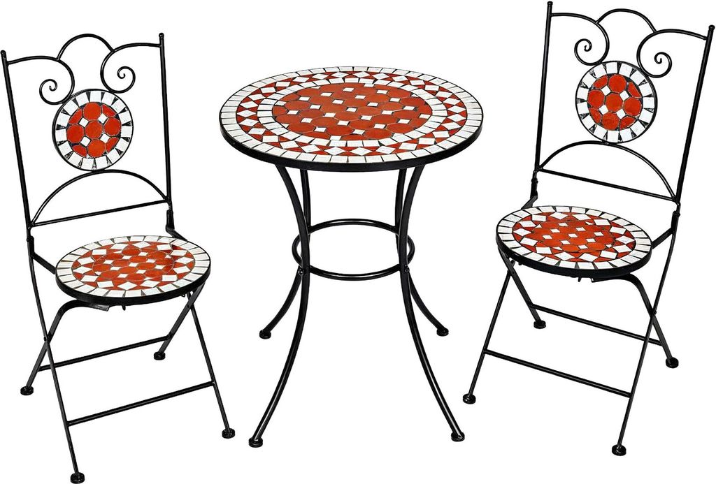 A black metal and mosaic tile bistro set for two people, consisting of a round table and two chairs, is displayed against a white background.