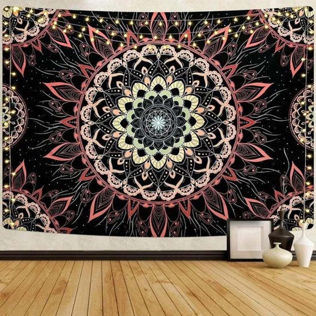 Tapis mural bohème hippie indien noir et orange - Format XL 210x150 cm