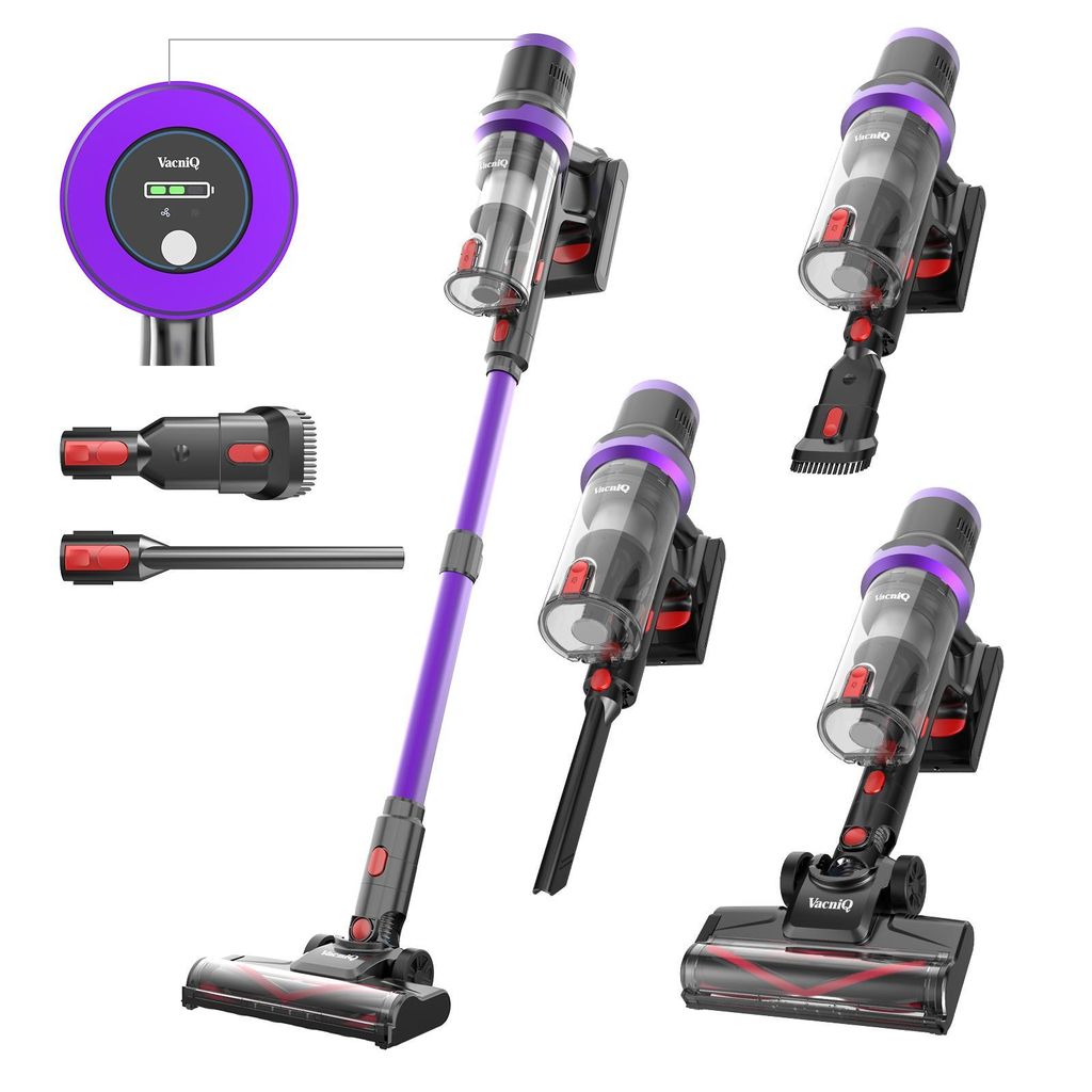 A collage of a purple cordless vacuum cleaner and its attachments, shown from various angles.