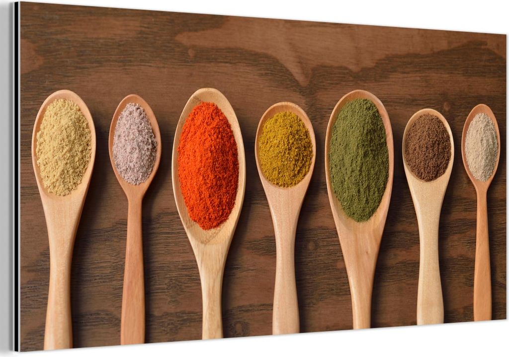 MuchoWow Wanddekoration Metall Metallbild Wandkunst 120x60 cm Schöpfkelle - Kräuter - Lebensmittel - Gewürze - Tisch MuchoWow Aluminium Gemälde...