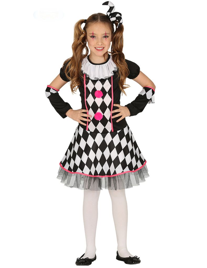 Kleid mit Minihut HARLEKIN Pierrot Kinder Mädchen Kostüm  Clown Gr:116-164 