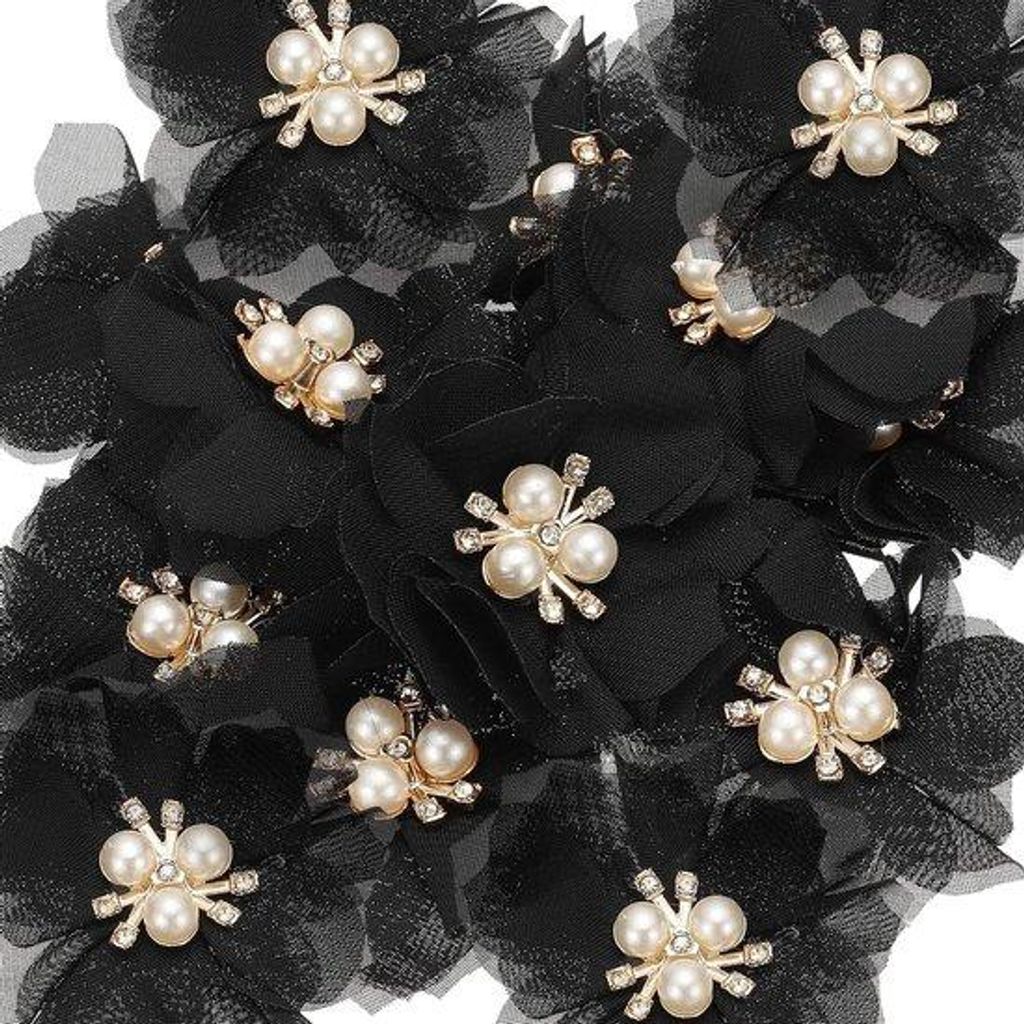 Kunststoff Blumenapplikationen - Stoffblumen Perlen - Handgemachte Dekoration - Mit Perle und Glitzer - 60mm Durchmesser - Schwarz