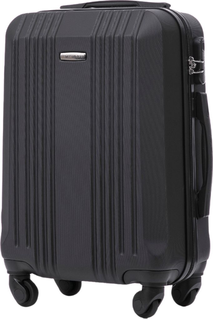 A black carry-on suitcase is shown from the front.