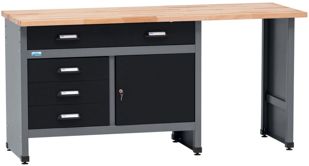 Küpper Werkbank 12039 – 170 × 84 × 60 cm, 4 Schubladen, 1 Tür, 300 kg Tragkraft, massive 30 mm Buchenplatte