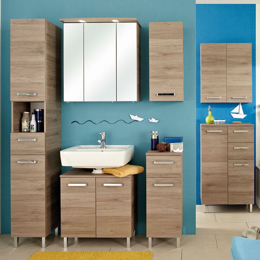 Badmöbel-Set OSTENDE-66 in Sanremo Eiche, Spiegelschrank mit LED - B/H/T: 285x200x33cm