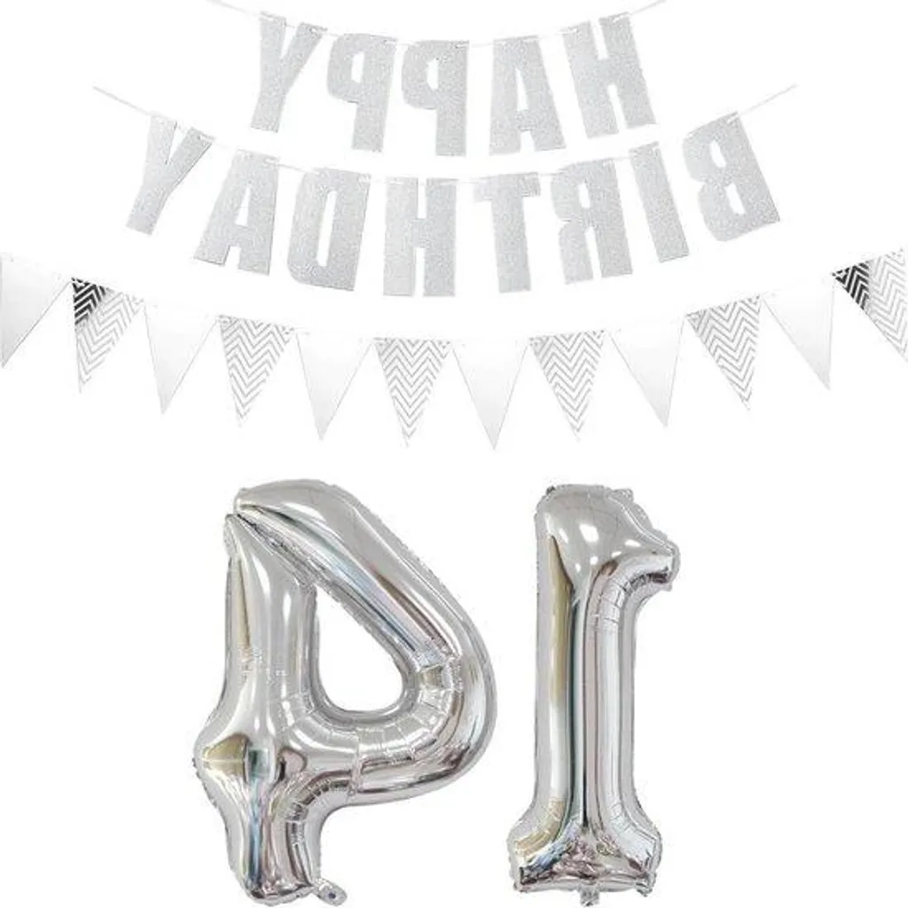 Lot de Ballons et Banderole Argent 14e Anniversaire - Fête Fille/Garçon