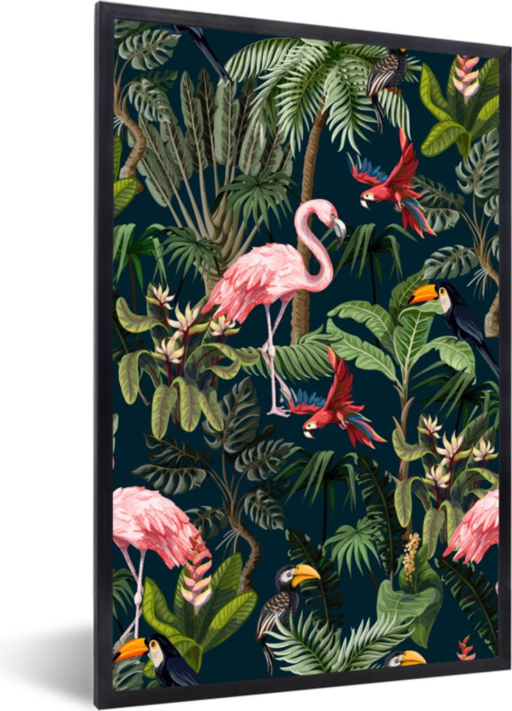MuchoWow Gerahmtes Poster Jungtiere - Muster - Kinder - Flamingo - Papagei - Kinder 60x90 cm - Poster mit Schwarzem Bilderrahmen Wandposter Rahme...