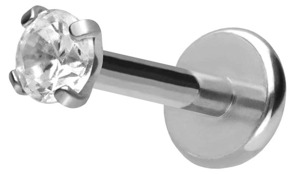 Ohrpiercing, Nasenpiercing Titan Labret mit Push Fit EINGEFASSTER KRISTALL Silber Stablänge: 10mm | Stabstärke: 1mm | Kristallgröße: 2,5mm