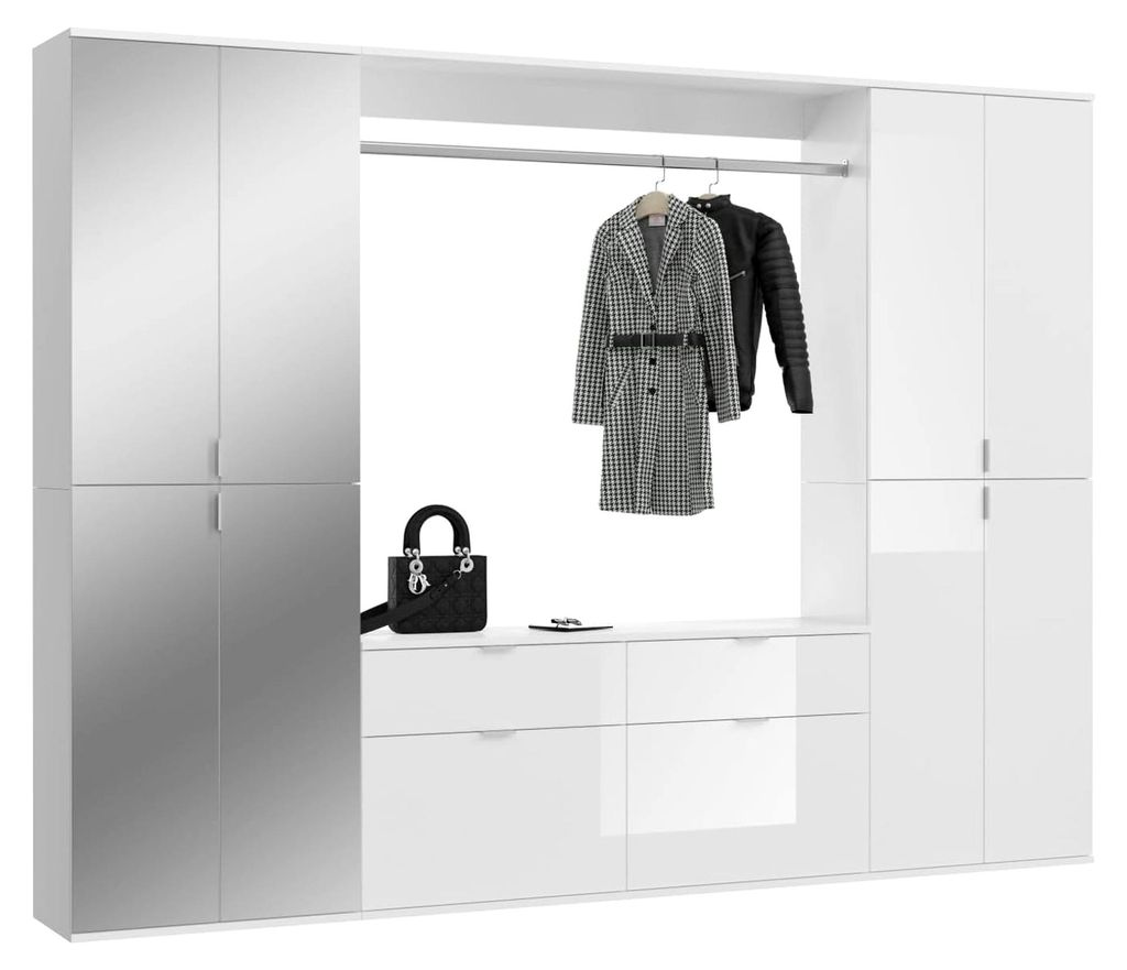 Garderobe mit Spiegel in Weiß Hochglanz, Flurmöbel Set mit großem Schuhschrank, Breite 243 cm