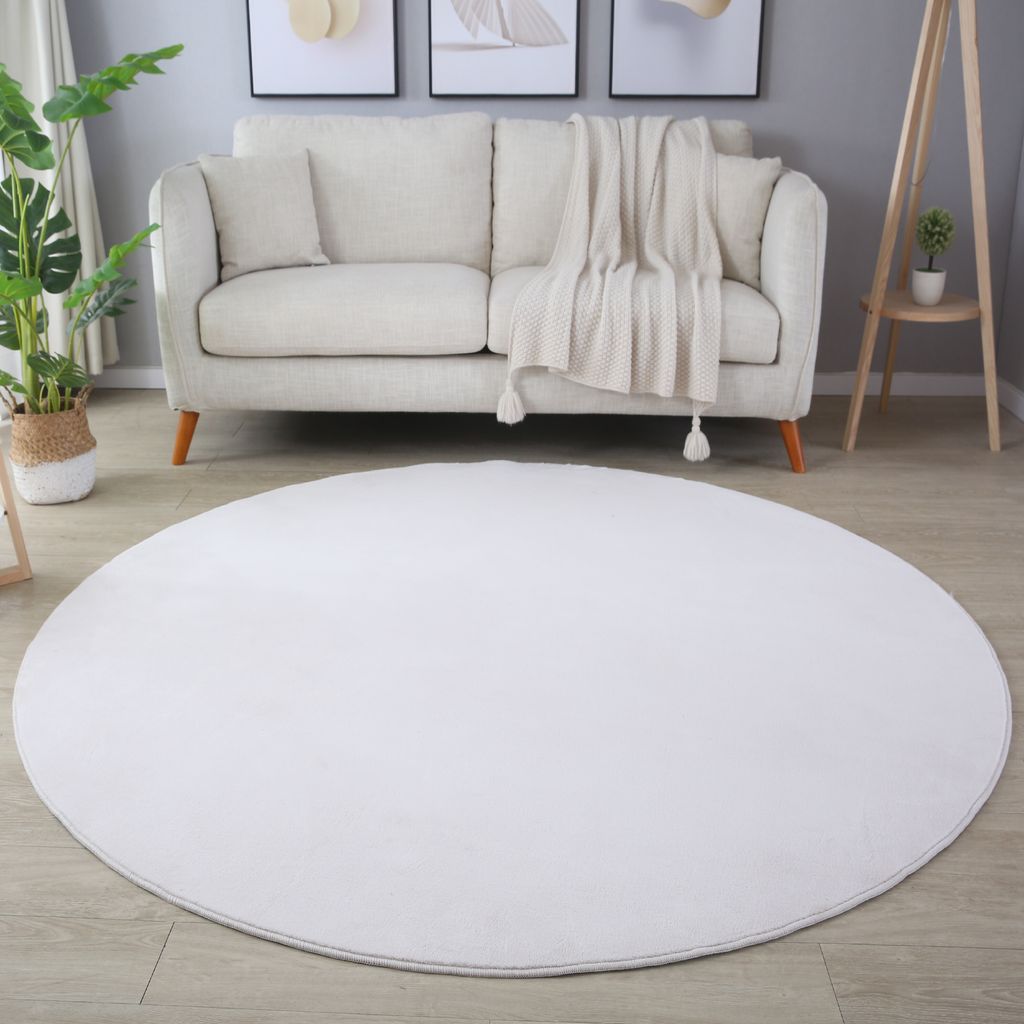 Kurzflor Teppich Wohnzimmer Creme 160x160 Rund Unicolor - Einfarbig aus Polyester