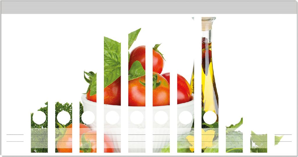 Wallario Ordnerrücken Sticker, selbstklebend für schmale Ordner, 12 Stück, Motiv Frische Salatzutaten mit Kräuter-Öl - Tomaten, Gurke, Petersilie