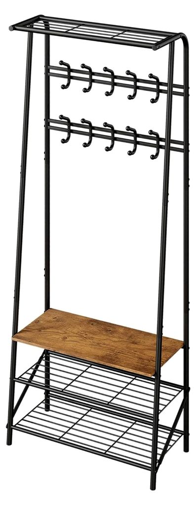 Schmale Garderobe mit Schuhregal und Hocker, Holz- und Metallrahmen, Doppelte Reihe mit 10 Haken, für Eingangsbereich und Flur, Schwarz, 64x29x180...