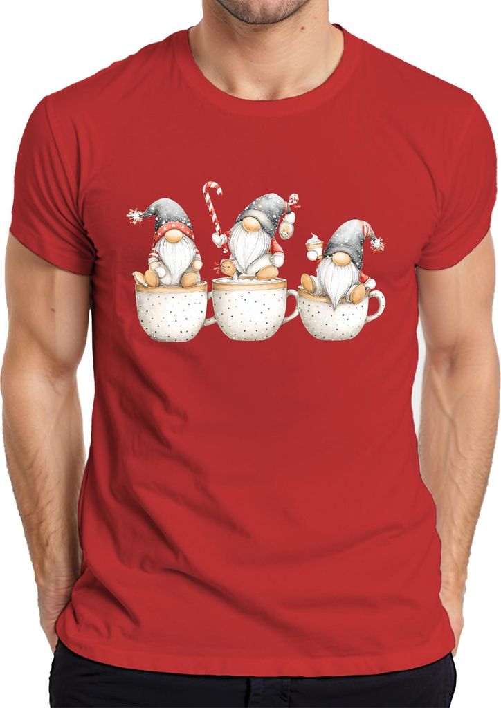 Weihnachtswichtel Becher drei Aquarell niedlich Geschenk Herren T-Shirt, Rot, M