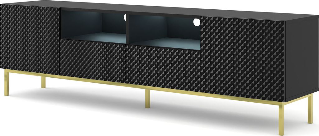 A black TV cabinet with a textured front and gold metal legs, shown against a white background.