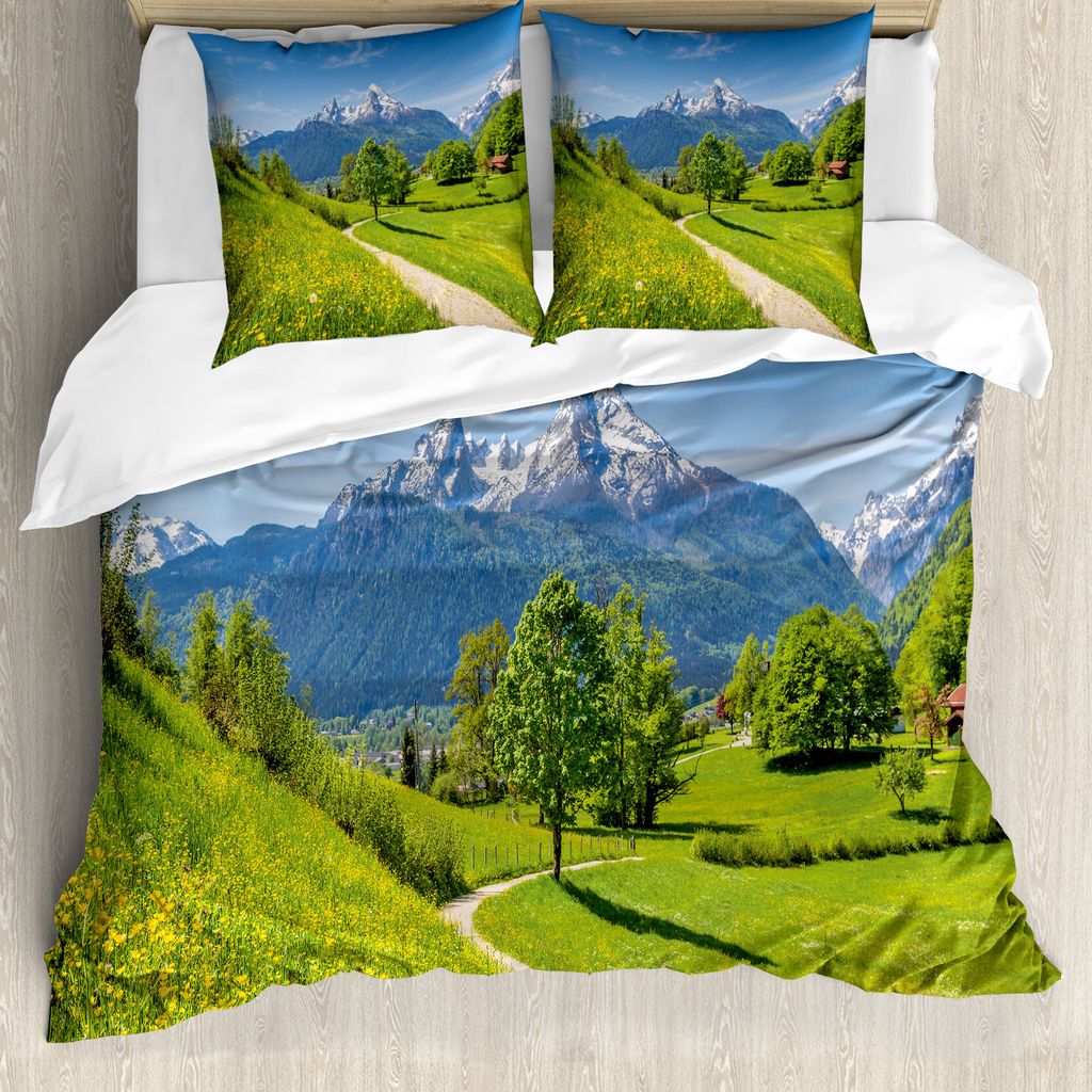 ABAKUHAUS Landschaft Bettbezug, Wilde Blumen in den Alpen, Milbensicher Allergiker geeignet mit Kissenbezügen, 200 cm x 200 cm - 80 x 80 cm, Gelbg...