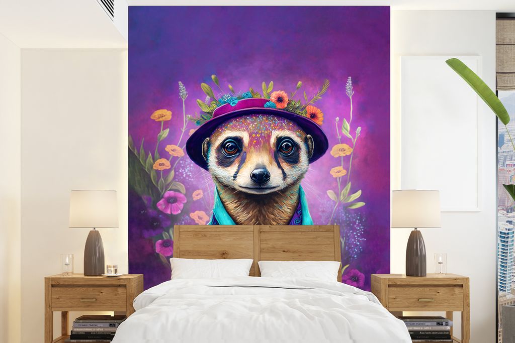 MuchoWow Fototapete für Wohnzimmer oder Schlafzimmer Wandtapete Vinyl Motivtapete Erdmännchen - Blumen - Farbe - Lila - Porträt - 205x280 cm -...