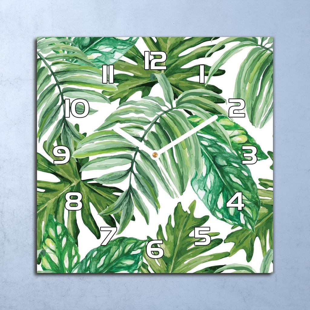 Deko Glasuhr Wanduhr 30x30 Dschungel Blätter Quarz Küchenuhr Bürouhr