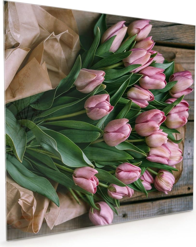Küchenrückwand Spritzschutz Glas mit Motiv Rosa Tulpenstrauss 40 x 40 cm