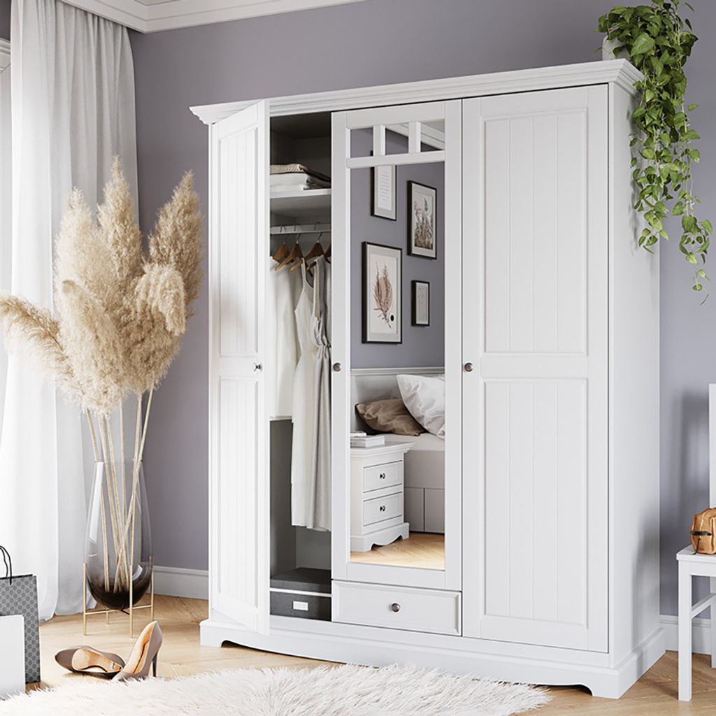 Kleiderschrank mit Spiegel Schlafzimmer, Massivholz in weiß BORMIO-163