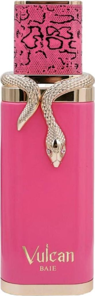 A pink perfume bottle with a gold snake wrapped around the neck and a patterned cap.