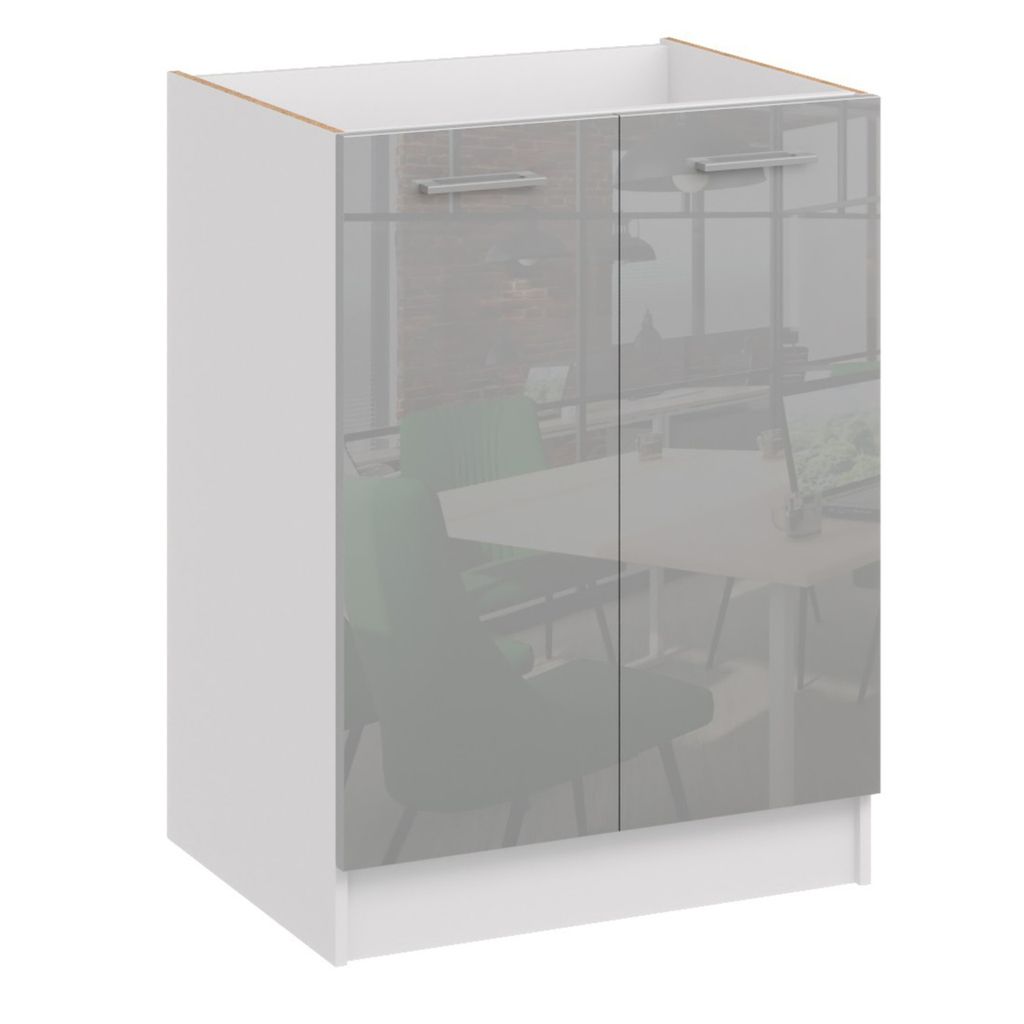 A white and gray kitchen cabinet with reflective doors showing a blurred office interior.