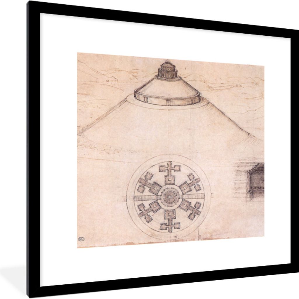 MuchoWow Gerahmtes Poster Etruskische Grabhügel in Montecalvario bei Castellina in Chianti - Leonardo da Vinci 40x40 cm - Poster mit Schwarzem B...