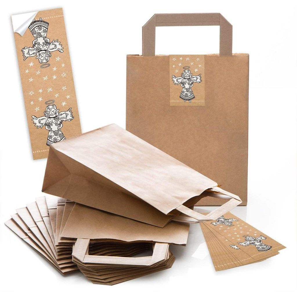 100 braune natur Kraftpapier Papiertüte Geschenk-Tasche mit Henkel Boden 18 x 8 x 22 cm + 100 Aufkleber FROHE WEIHNACHTEN DANKE KUNDEN MISTELN wei...