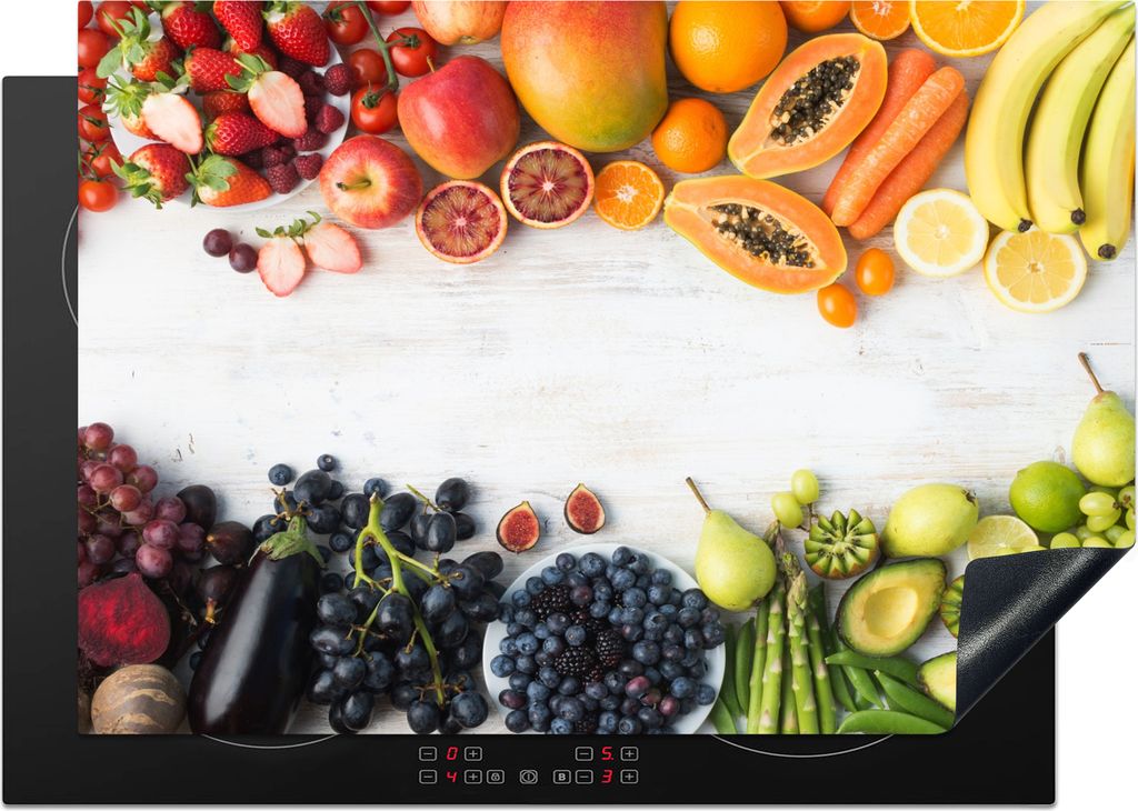 KitchenYeah Herdabdeckplatte Obst - Regenbogen - Erdbeere - Weintrauben - Papaya , 75x52cm, Küche Deko, Glaskeramikfeld Herdabdeckung, Abdeckpla...