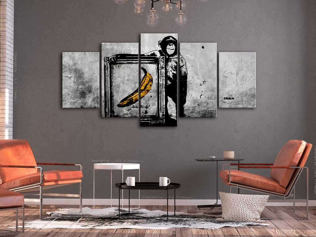 Akustikbild Banksy Affe 200x100 cm Bilder Akustikschaum Hochleistungsschallabsorber Schallschutz Leinwand 5 tlg Wandbild Raumakustik Schalldämmung...
