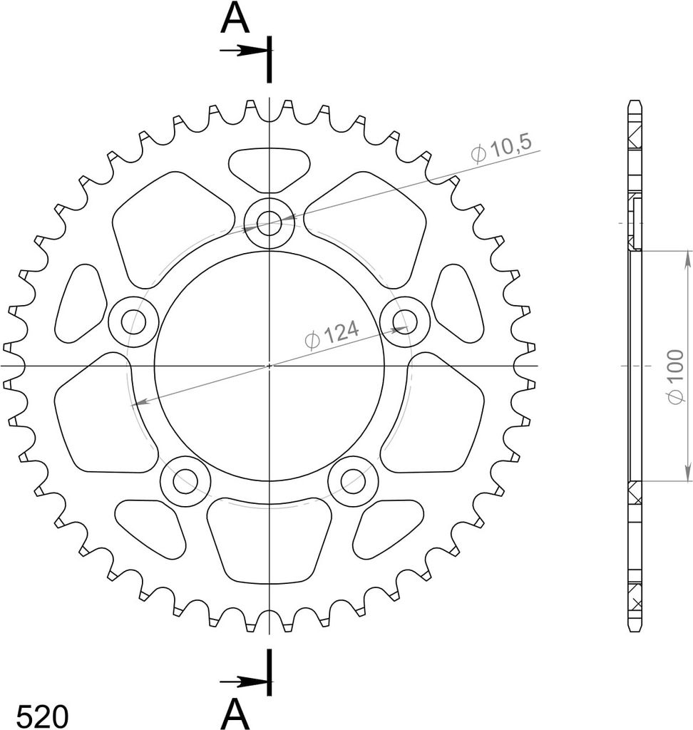 Alu-Kettenrad Supersprox 520 - 44Z (schwarz) RAL-743:44-BLK|ID 100,0 LK 124,0 5-Loch