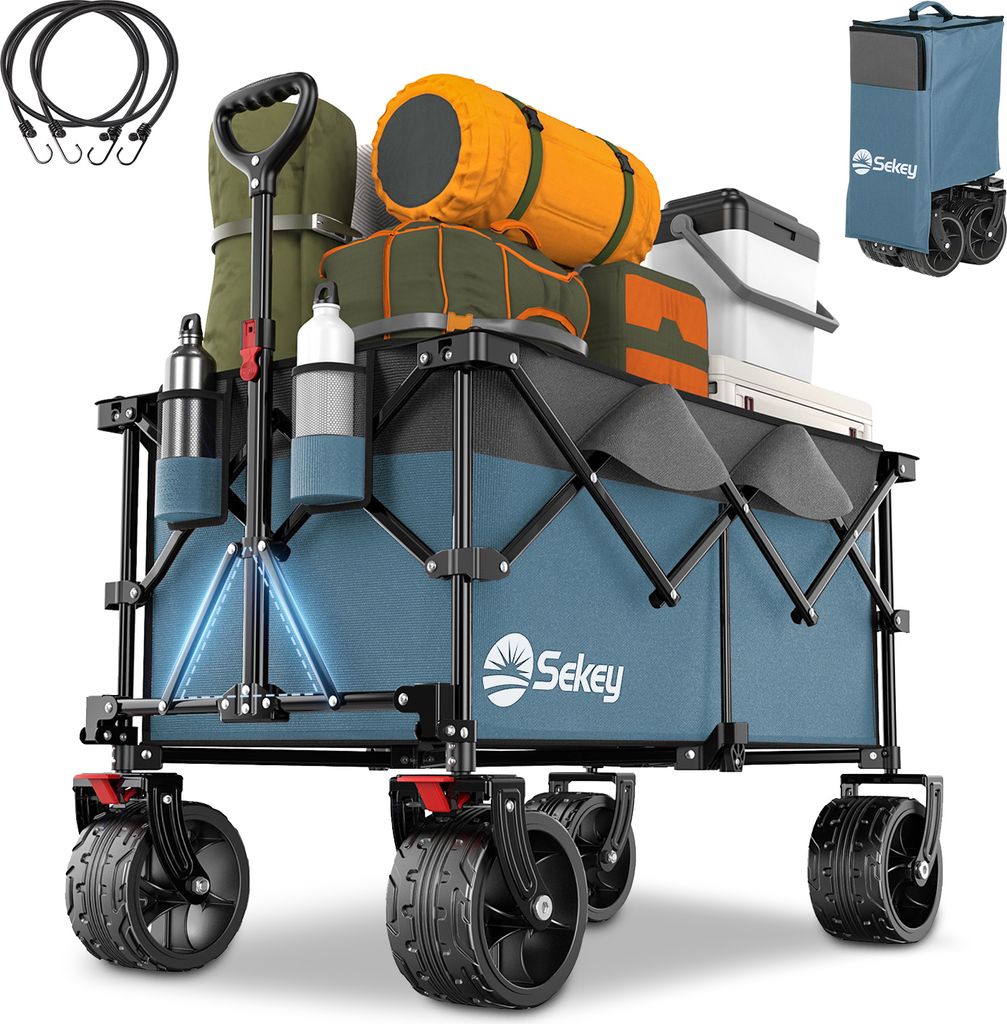 Sekey Klappbarer Bollerwagen Belastbarkeit 150kg, mit einer Hand Faltbar Strandwagen, mit Breite Reifen und 2 Spanngurte, CompactFold-Serie Blau-mit-grau