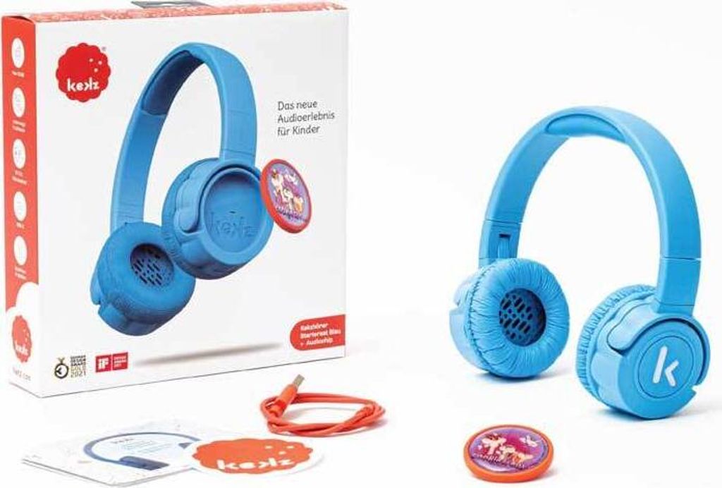 A product shot of Kekzhörer Kinderkopfhörer Starterset inkl. Cookie Crew blau - Click&Play System, showing the packaging and the product itself.