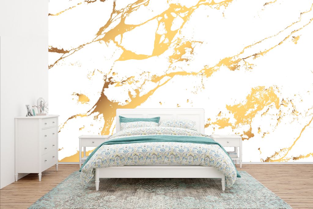 MuchoWow Fototapete für Wohnzimmer oder Schlafzimmer Wandtapete Vinyl Motivtapete Marmor - Weiß - Gold - Luxus - 435x260 cm - Kinderzimmer