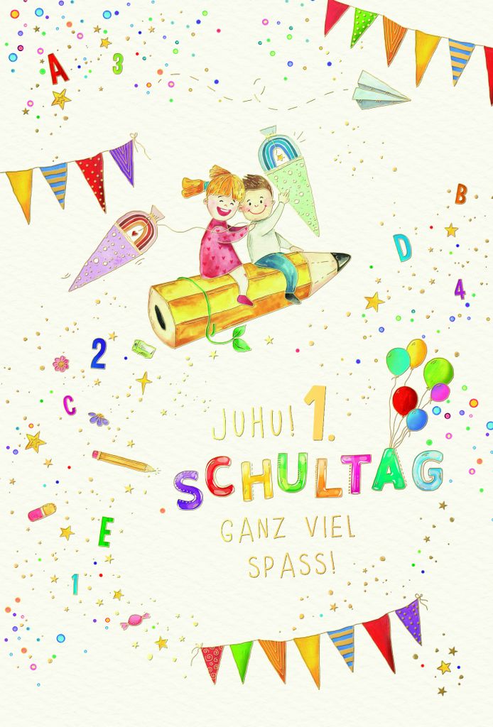 Schulanfang Skorpion's Art Karte mit Briefumschlag Junge, Mädchen, Bleistift, Luftballons 1. Schultag