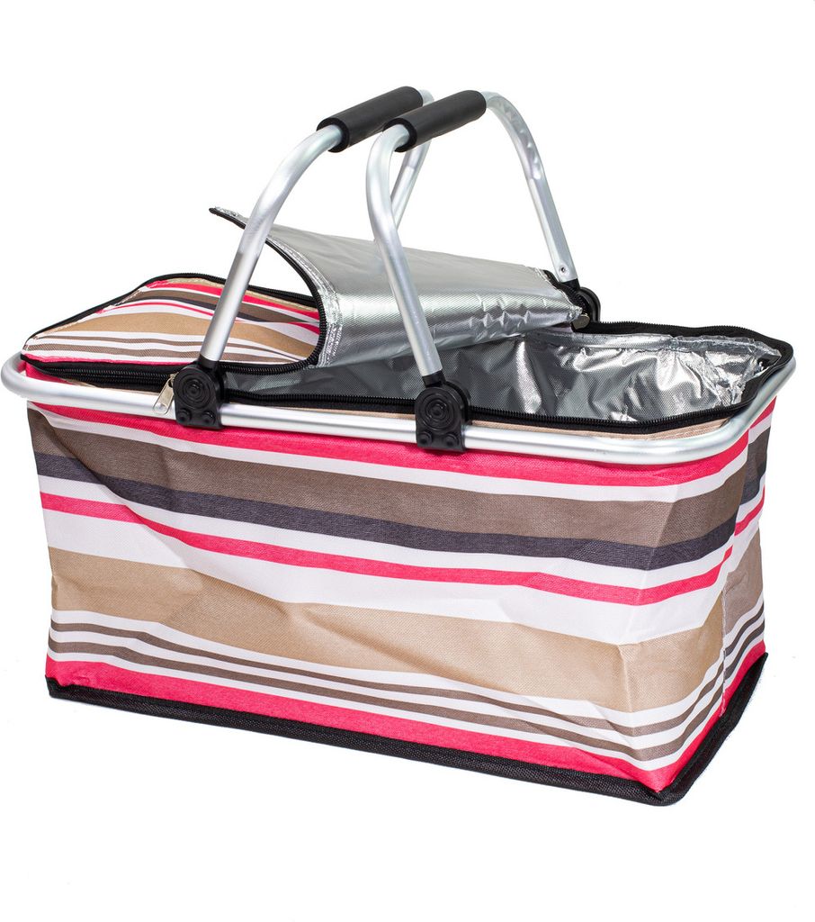 A striped picnic basket with silver handles and an insulated interior.