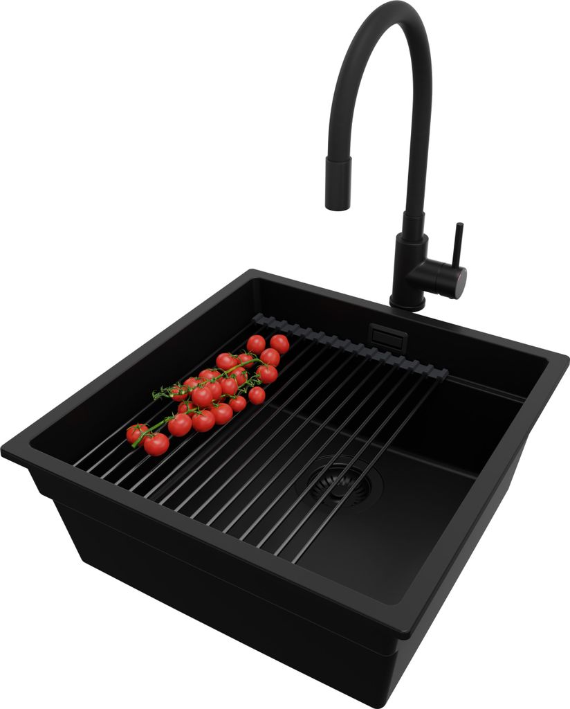 PRIMAGRAN Unterbauspüle Granit Alles Schwarz 46x47cm, Spülbecken 1 Becken + Ablauf-Set + Küchenzubehörset, Granitspüle ab 50er Unterschrank - ...