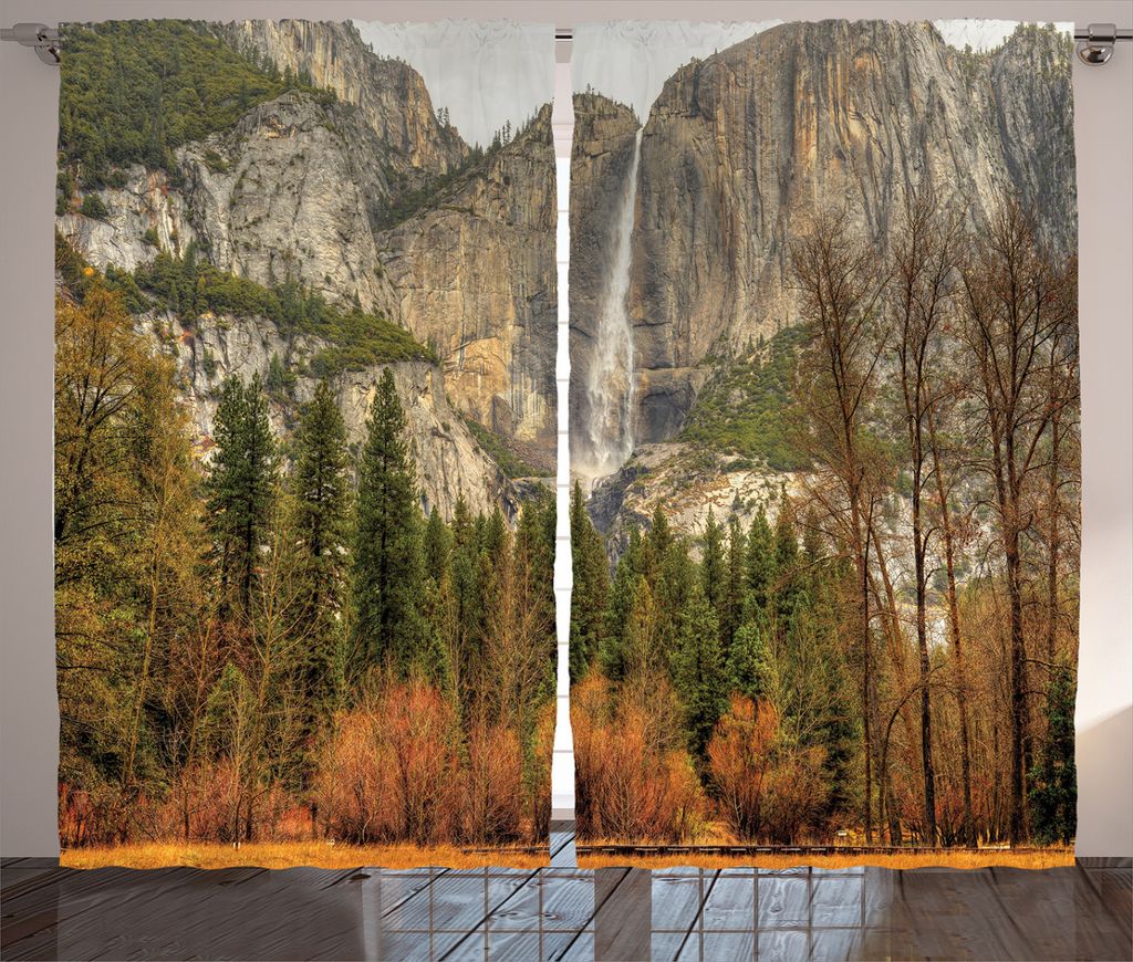 ABAKUHAUS Natur Rustikaler Gardine, Yosemite Falls Bäume, Schlafzimmer Kräuselband Vorhang mit Schlaufen und Haken, 280 x 245 cm, Orange Grün