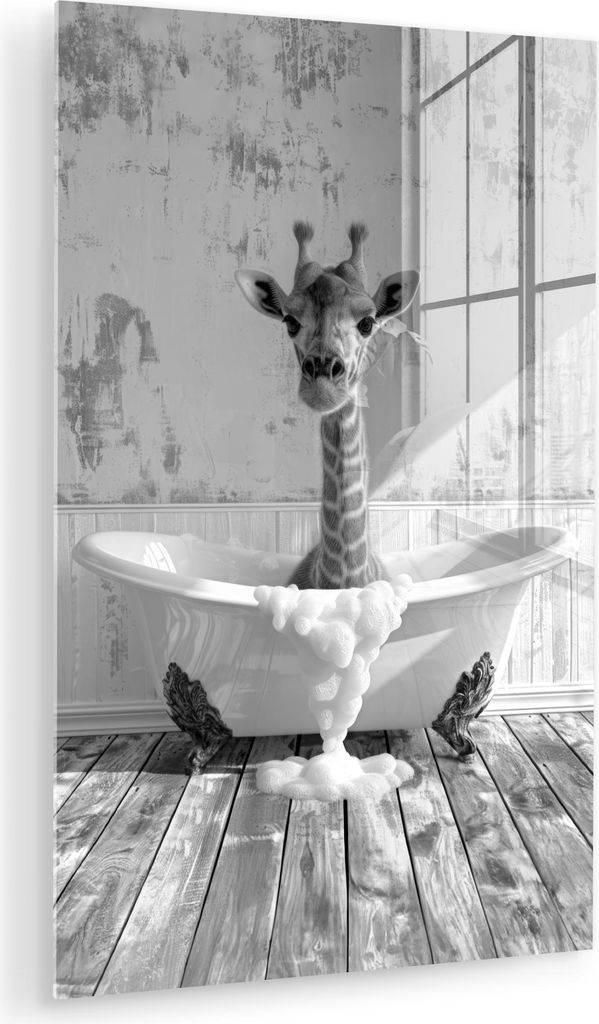 MuchoWow Glasbilder - Bilder auf Wandbild - Foto auf Glas Giraffe - Tier - Badewanne - Vintage - Schwarz - Weiß 80x120 cm Wanddekoration aus Glas ...