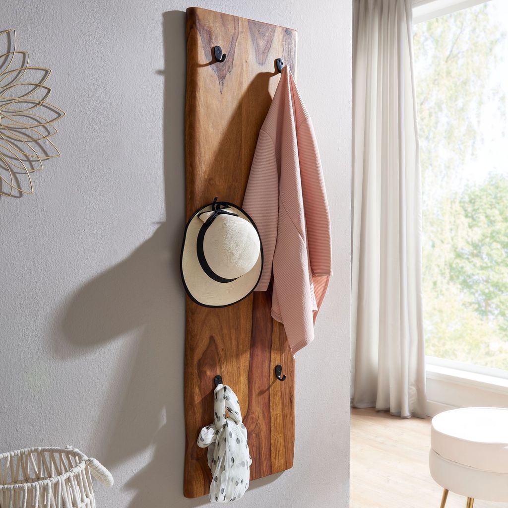 Wandgarderobe aus Sheesham Massivholz und Metall, Natürliche Baumkanten, 6 stabilen Haken. 40x7x140 cm | Kadima Design