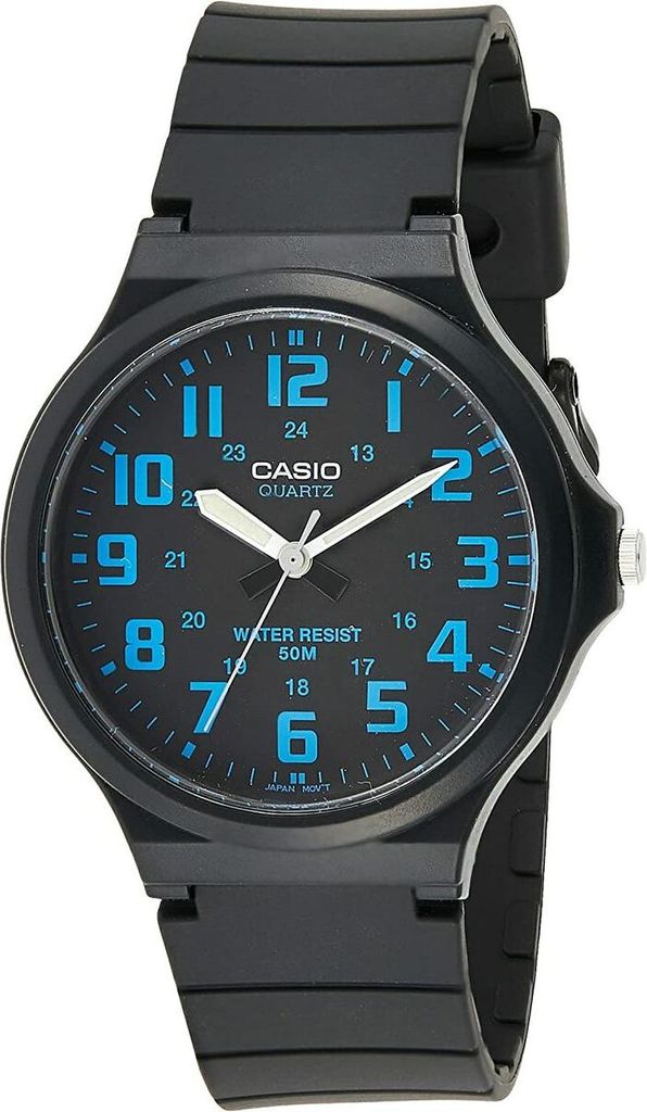 A black Casio watch with a black strap and a black dial with blue numbers and white hands.